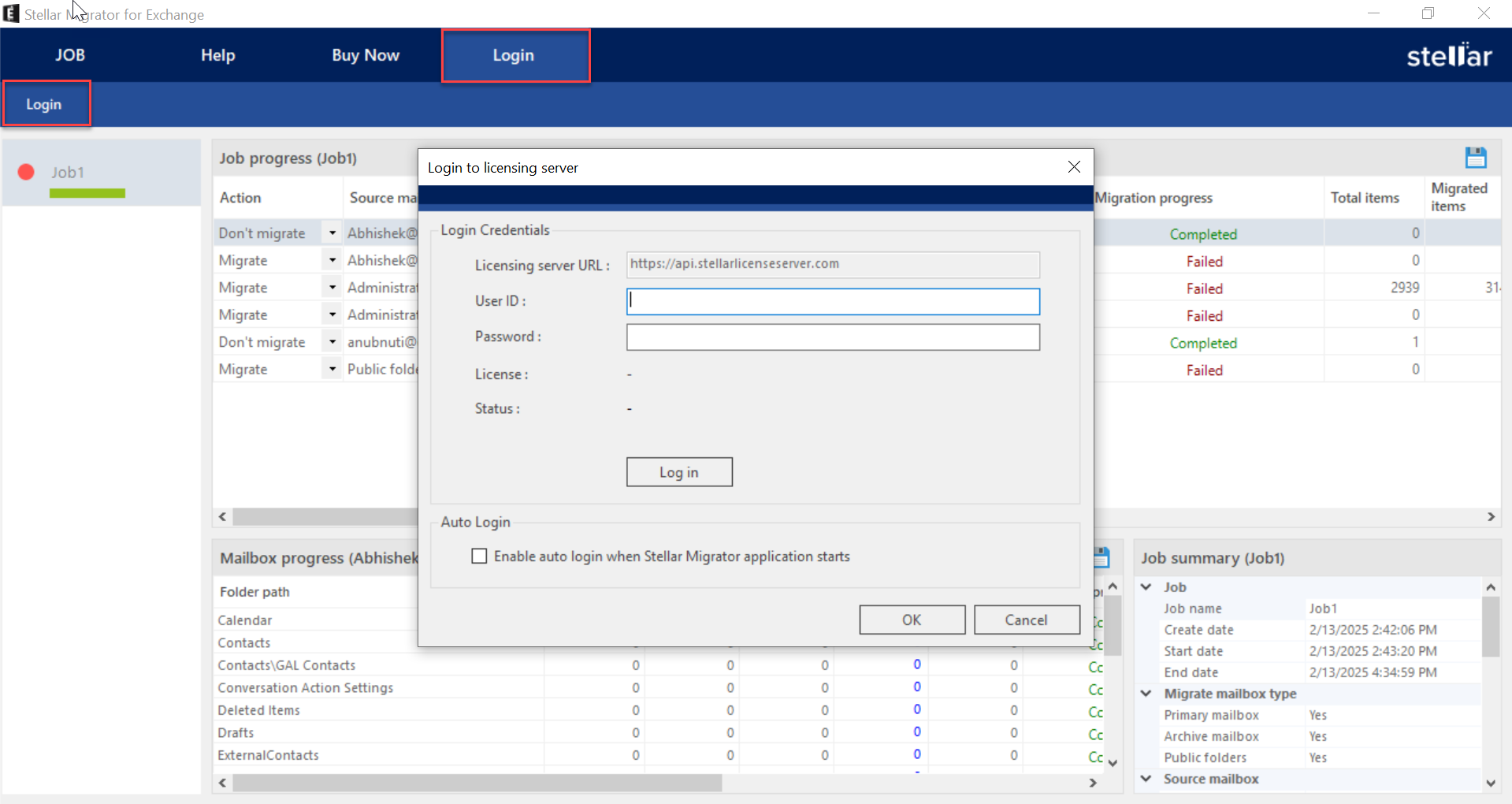 Download and open Stellar Migrator for Exchange. From the Login ribbon, select Login and then enter your login credentials Like User ID and Password. Click on Log in.